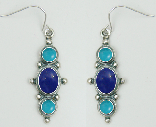 Sterling Silver Drop Dangle Earrings With Lapis Lazuli And Turquoise